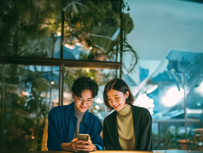 Two friends smiling while looking at a smartphone, representing XMTrading's Refer a Friend promotion.