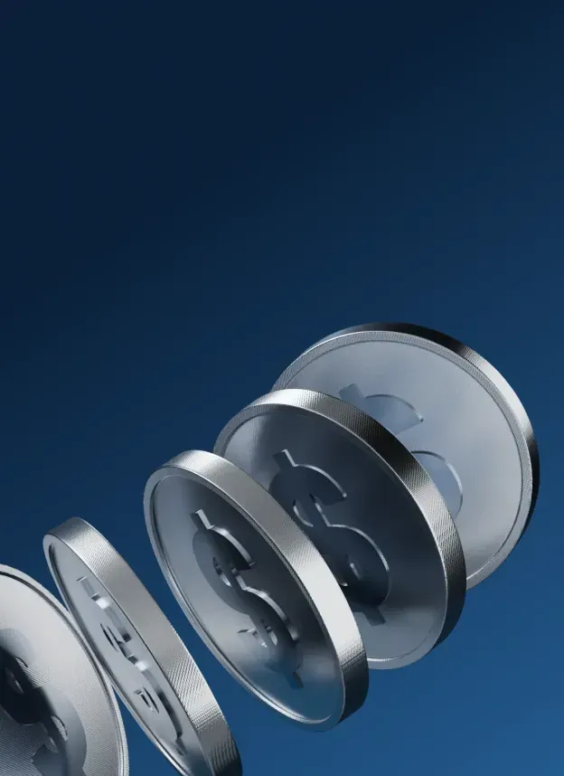 Stack of silver dollar coins in motion, symbolizing tradable profits and financial gains.