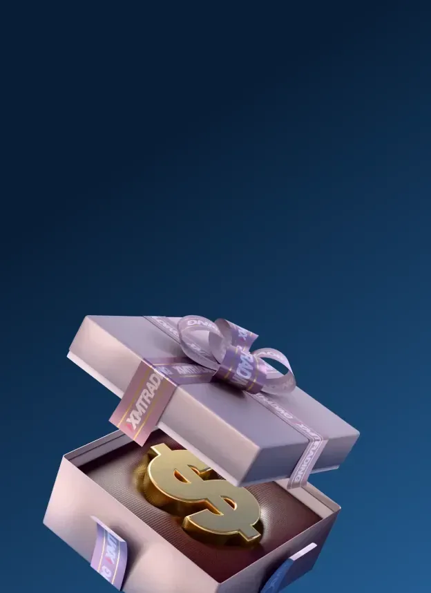 Gift box opening to reveal a golden dollar symbol, representing a trading bonus reward.