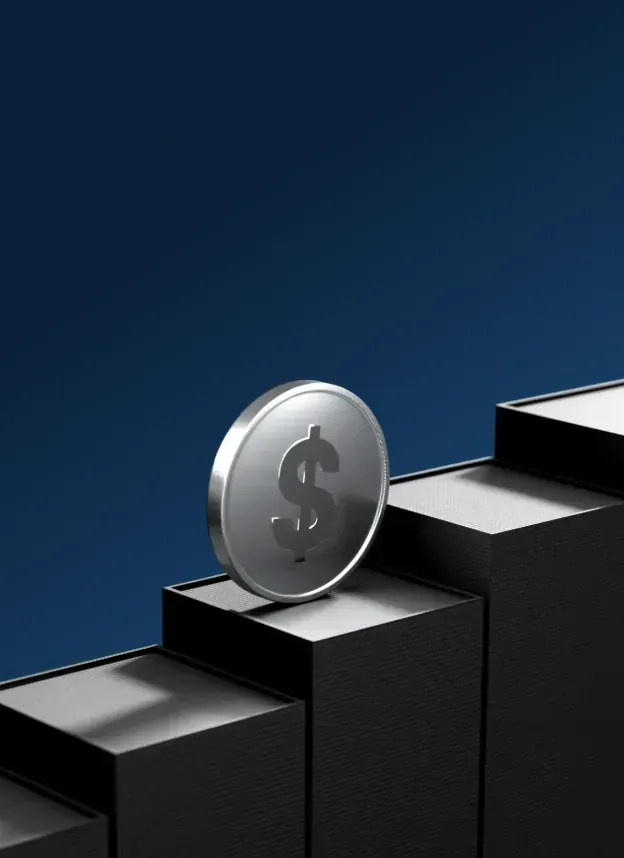 Silver dollar coin standing on stacked blocks, symbolizing deposits contributing to a trading bonus.