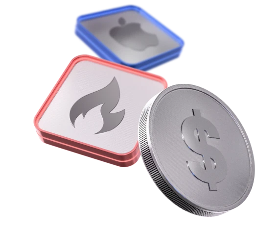 3D icons representing different markets such as the dollar, yen, Tesla, and Apple, symbolizing diverse trading options