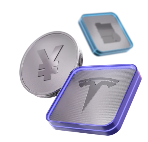 3D icons representing different markets such as the dollar, yen, Tesla, and Apple, symbolizing diverse trading options