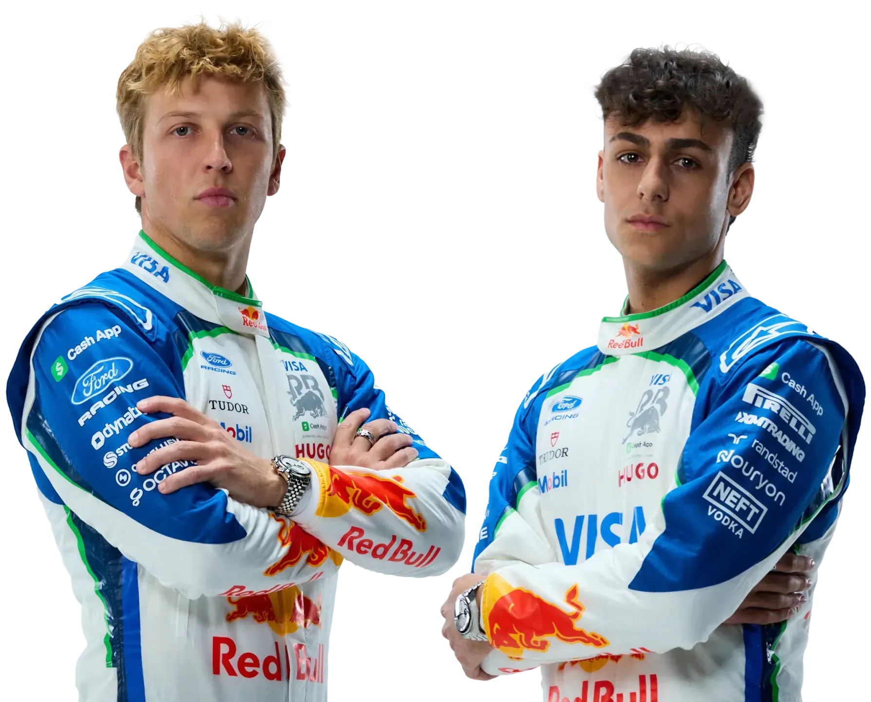 Two Visa Cash App Racing Bulls Formula 1 drivers standing in team racing suits against a blue and black background.