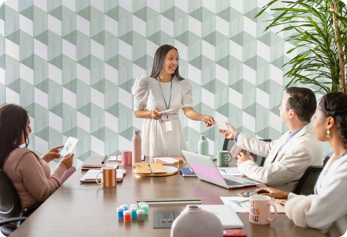 Collaborative office scenes showing diverse teams brainstorming, presenting, and working together in a modern, creative workspace.