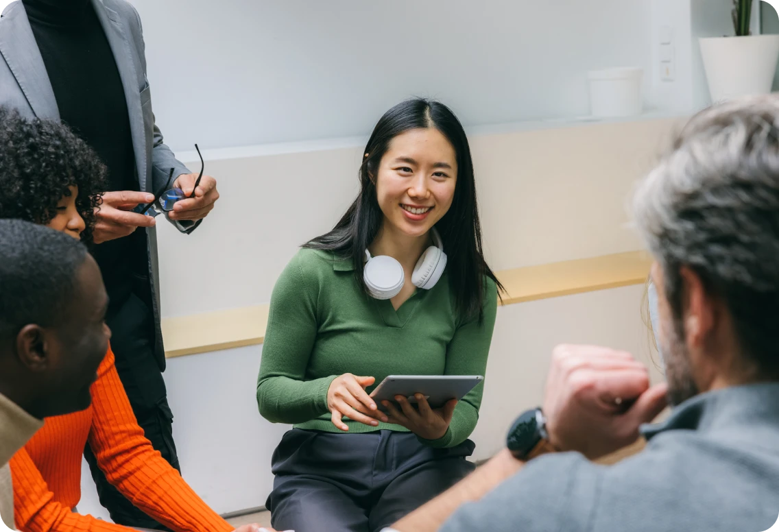 Collaborative office scenes showing diverse teams brainstorming, presenting, and working together in a modern, creative workspace.
