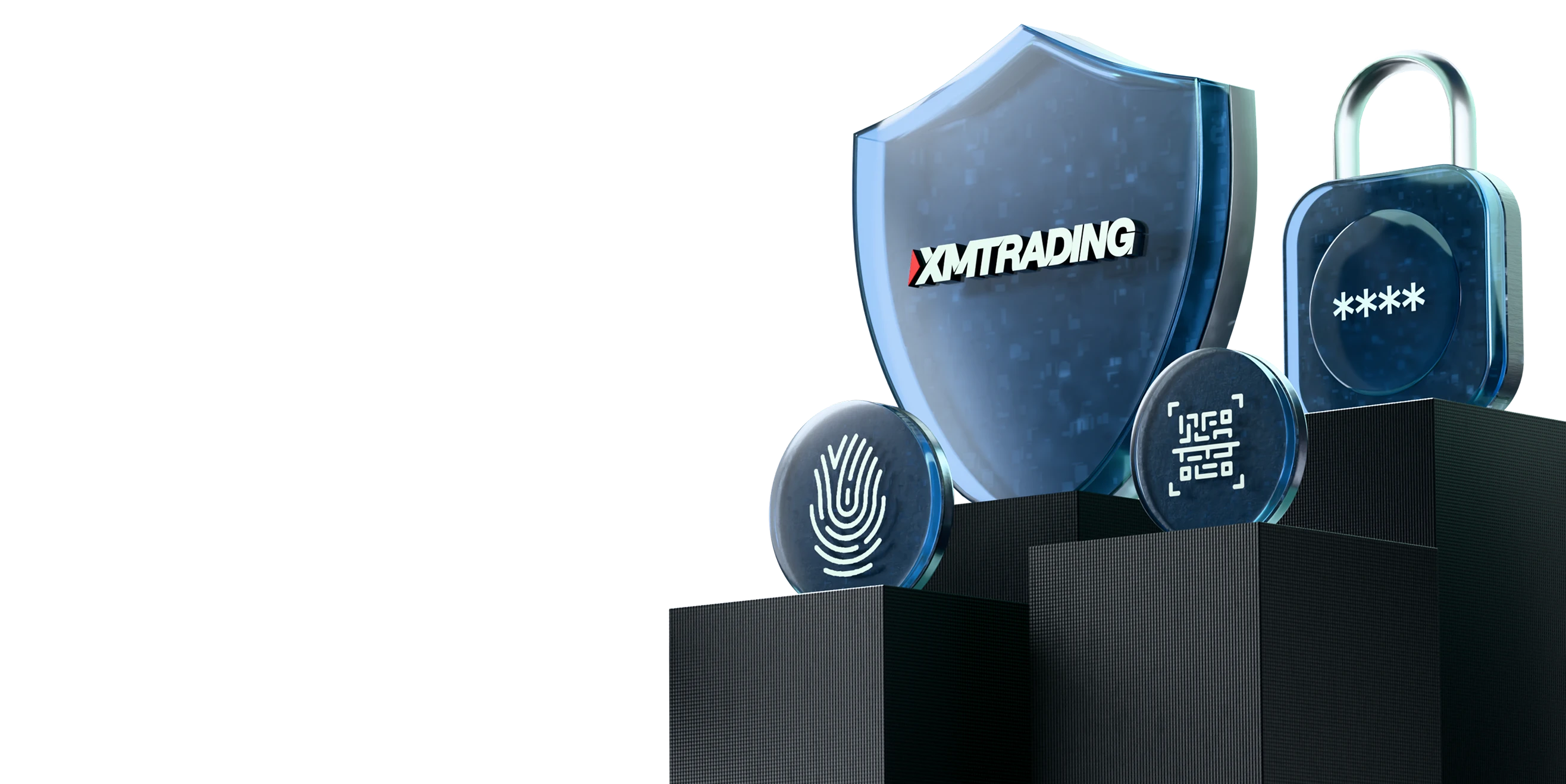 3D shield with XMTRADING logo, accompanied by fingerprint, QR code, and padlock symbolizing security, privacy, and protection