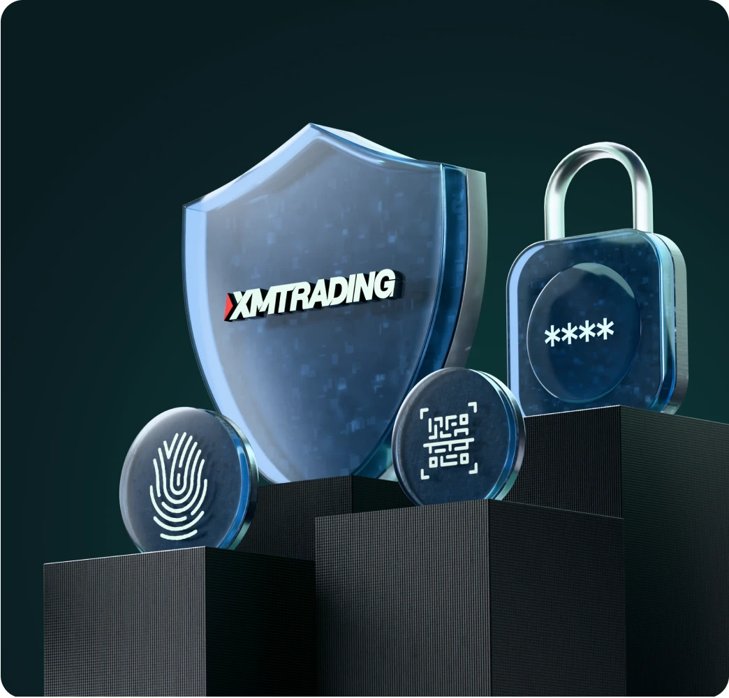 3D shield with XMTRADING logo, accompanied by fingerprint, QR code, and padlock symbolizing security, privacy, and protection