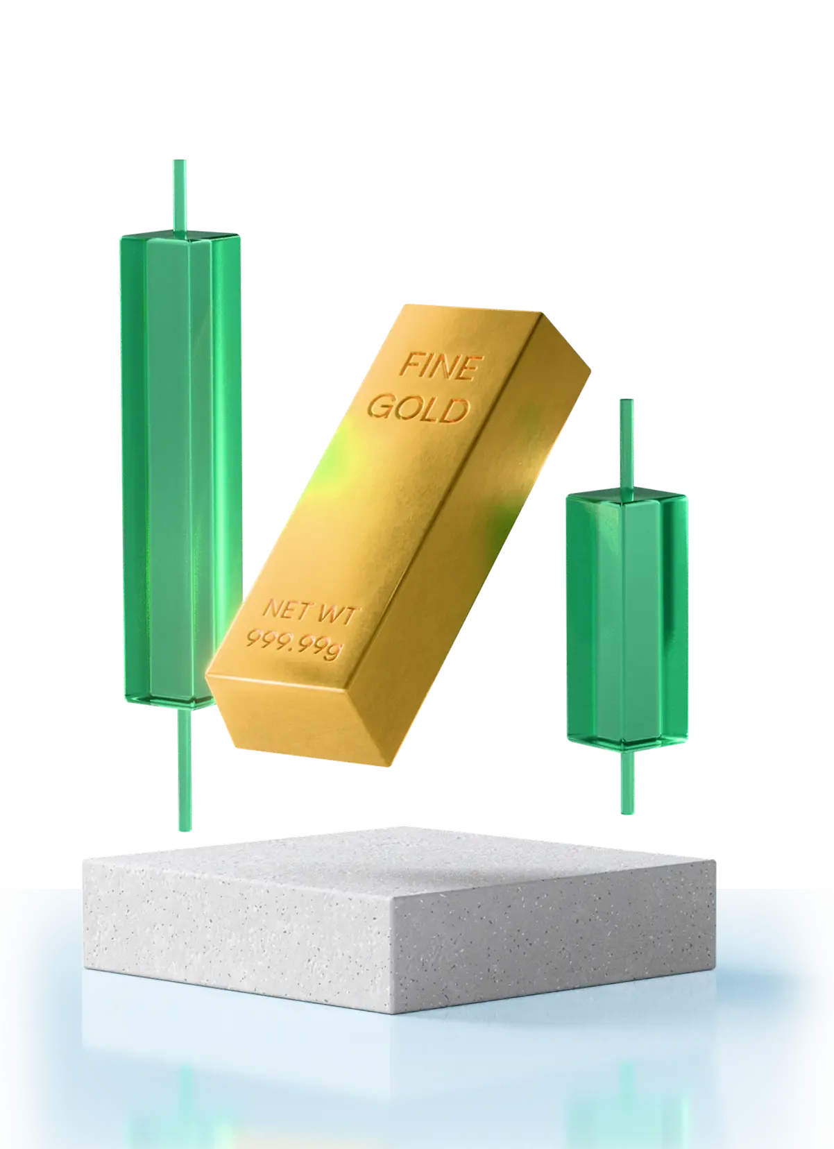 Gold bar floating between green candlestick bars above a concrete platform, symbolizing gold market trading.