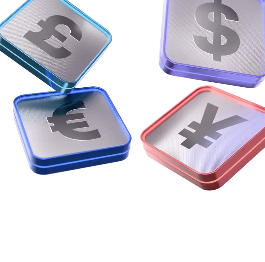 3D currency icons representing a no-deposit bonus and the start of a trading journey.