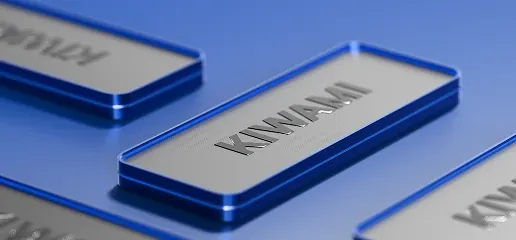 Close-up of the KIWAMI account card in a sleek metallic 3D design with distinctive blue accents.
