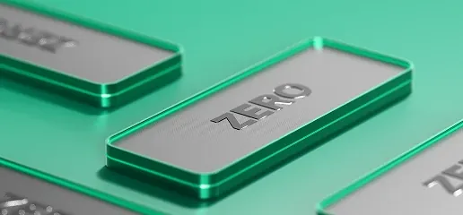 Close-up of the Zero account card in a modern metallic 3D design with vibrant green accents.