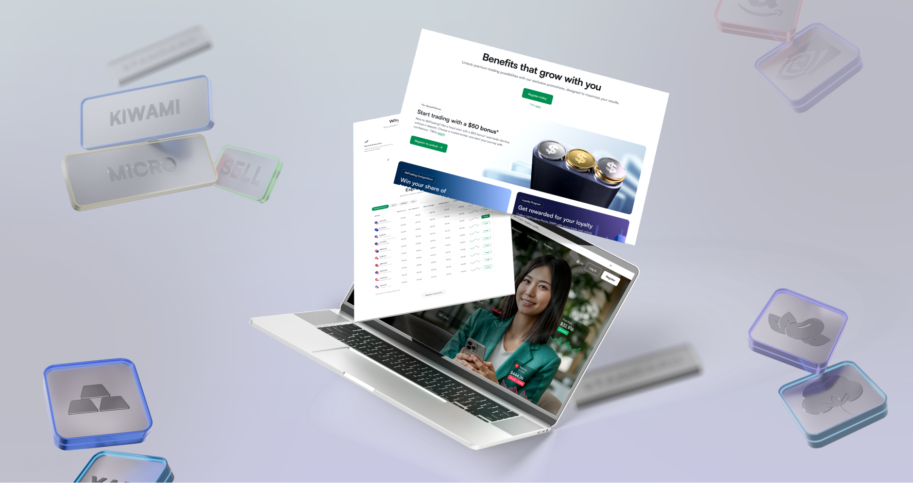 Open laptop with floating investment app screens and metallic icons representing trading features.