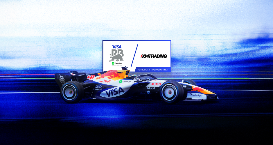 An image introducing Visa Cash App RB F1 new racing car, featuring the joint logo of Visa Cash App RB F1 and XMTrading.